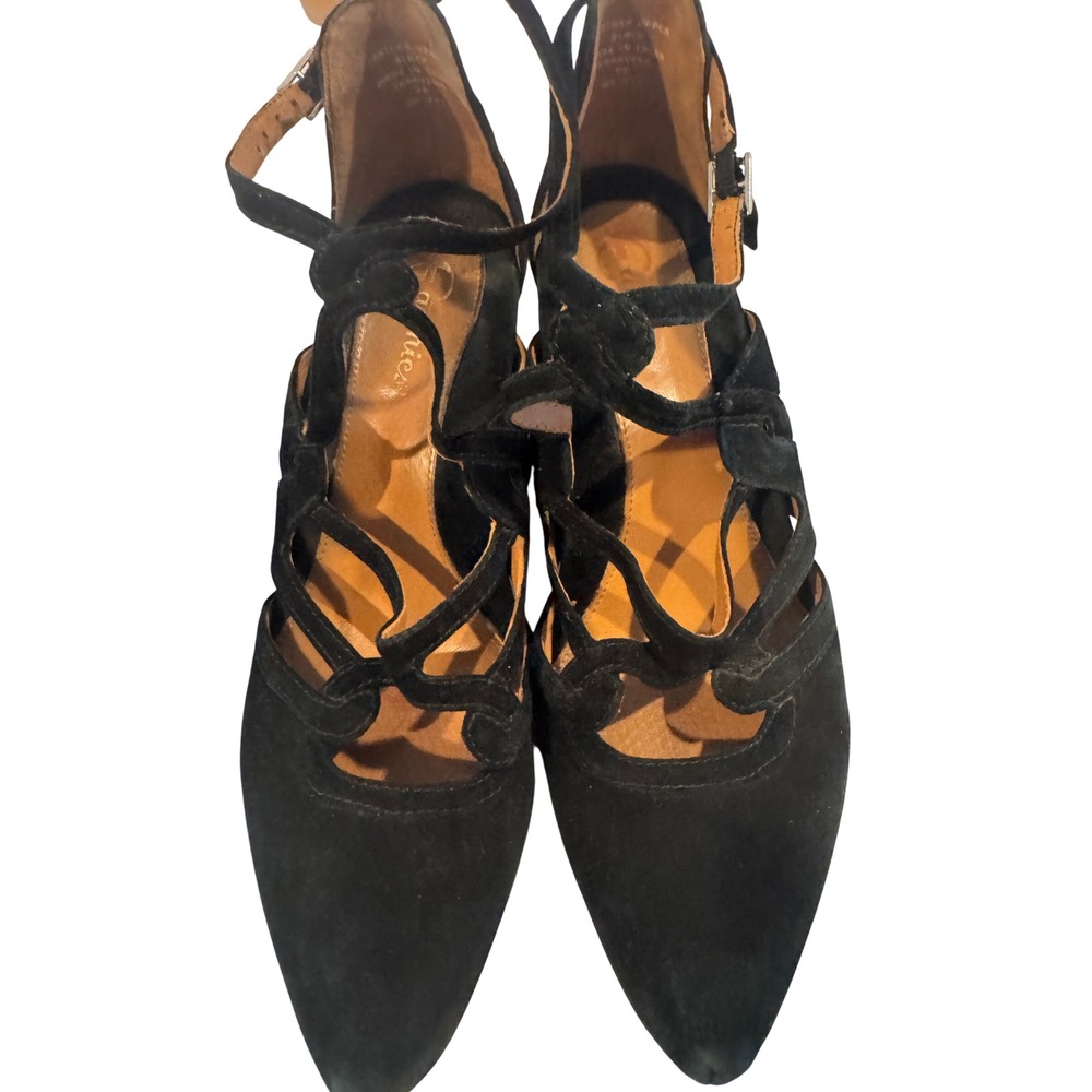 Earthies Saravena Black Suede Strappy Ankle Strap Block Heel Pumps Womens 9B